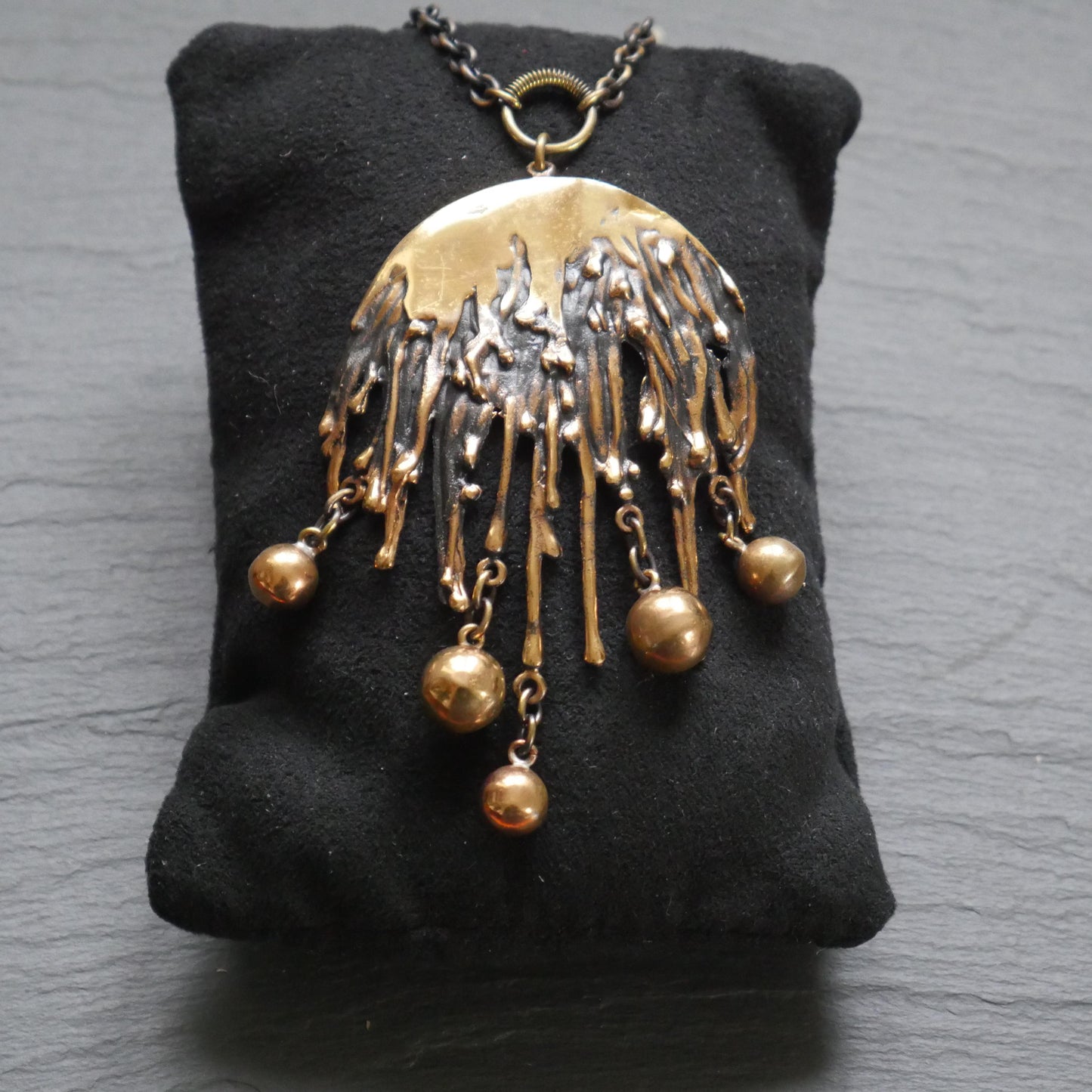 Large Modernist Brutalist Bronze Pendant with Chain by Pentti Sarpaneva, Finland (B054)