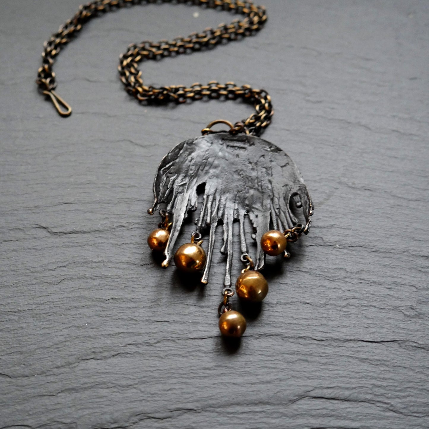 Large Modernist Brutalist Bronze Pendant with Chain by Pentti Sarpaneva, Finland (B054)