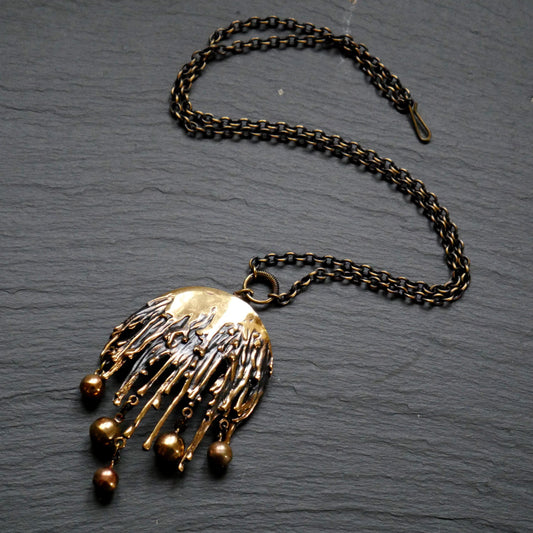 Large Modernist Brutalist Bronze Pendant with Chain by Pentti Sarpaneva, Finland (B054)